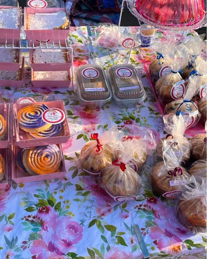 Trudy B's market table set up with fresh baked goods